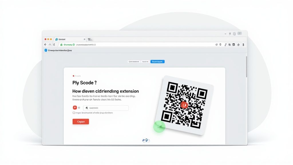 A web browser shows a page with a title and a prominent QR code featuring a red 'D' logo.