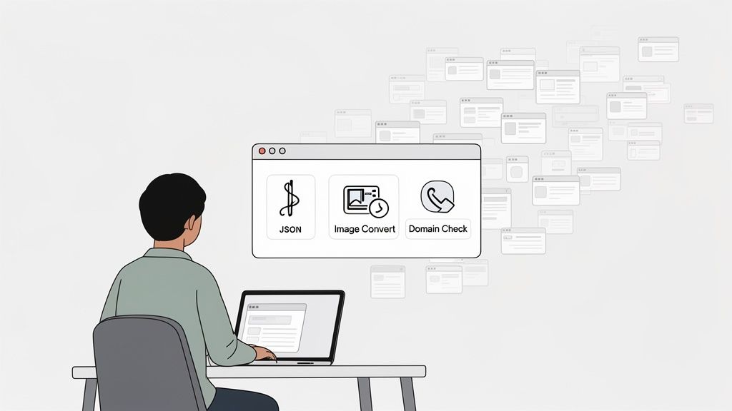 A person uses a laptop, interacting with a digital interface showing options for JSON, Image Convert, and Domain Check, symbolizing digital workflow.