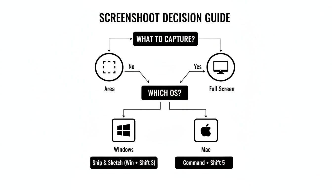 A screenshot decision guide flowchart showing how to capture an area or full screen on Windows and Mac.
