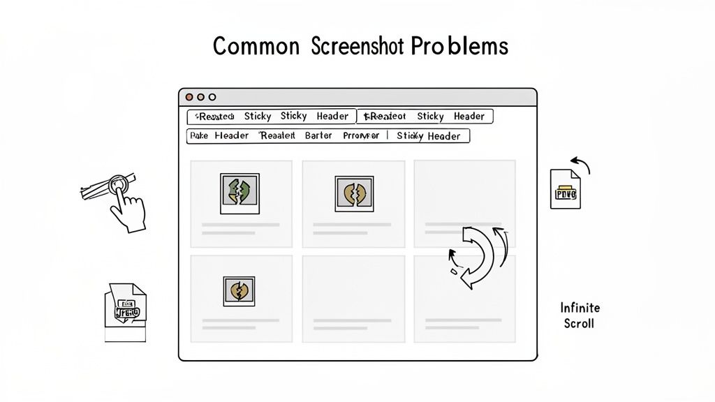 Cartoon illustrating common screenshot capture issues like sticky headers and infinite scrolling.