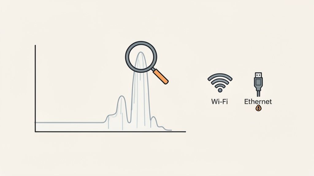 A graph showing signal peaks with a magnifying glass, next to Wi-Fi and Ethernet icons.