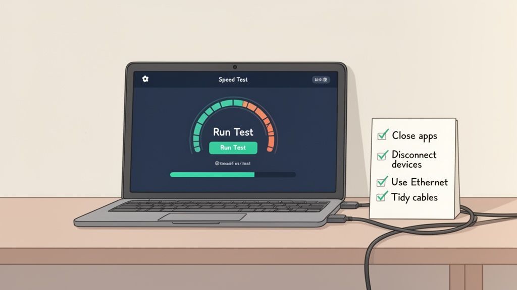 A laptop displays an internet speed test with a 'Run Test' button, connected by an Ethernet cable.