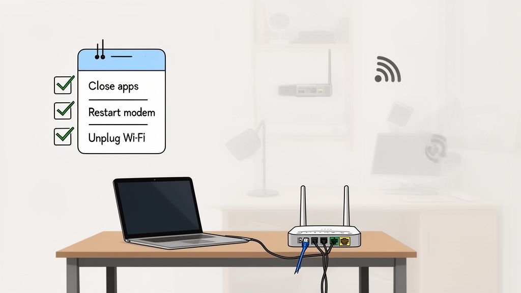 Um laptop e um roteador Wi-Fi em uma mesa com uma lista de verificação para solucionar problemas de conexão à internet.