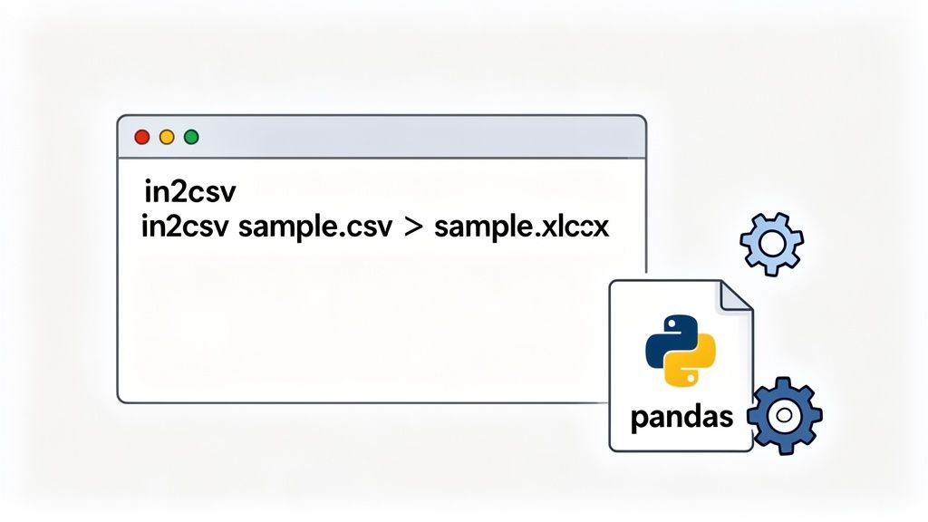 A command-line tool converting a CSV file to an Excel file, associated with Python Pandas.