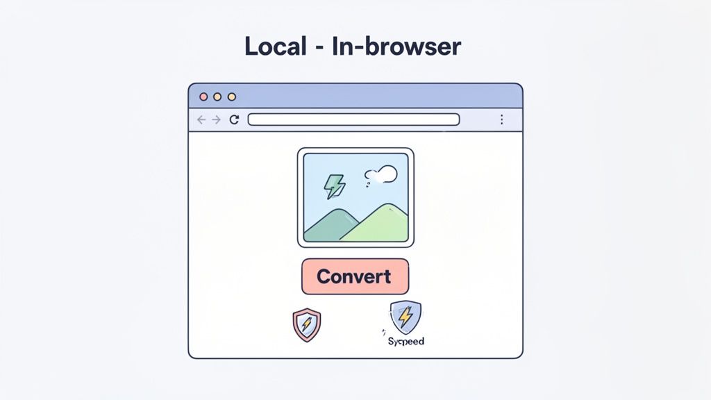 A browser window showing an in-browser image conversion tool with a 'Convert' button and security badges.