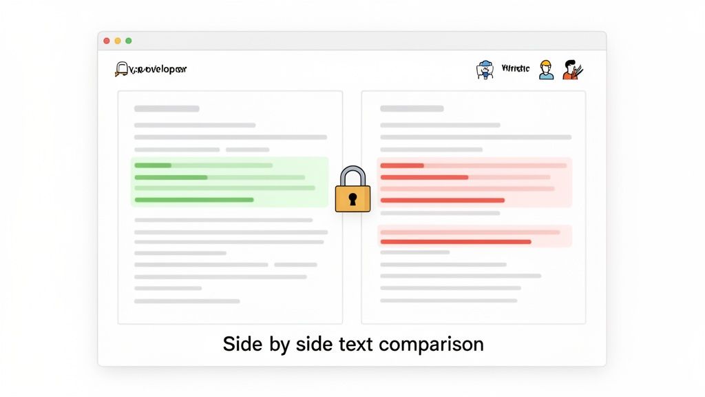 A computer screen displays a side-by-side text comparison with highlighted differences, secured by a padlock icon.