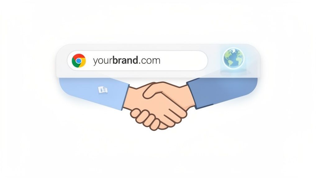 Illustration of a handshake below a Google Chrome search bar displaying 'yourbrand.com' and a globe icon, symbolizing online partnership.