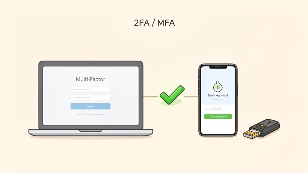 A laptop showing multi-factor login, a smartphone for push approval, and a USB security key for 2FA/MFA.