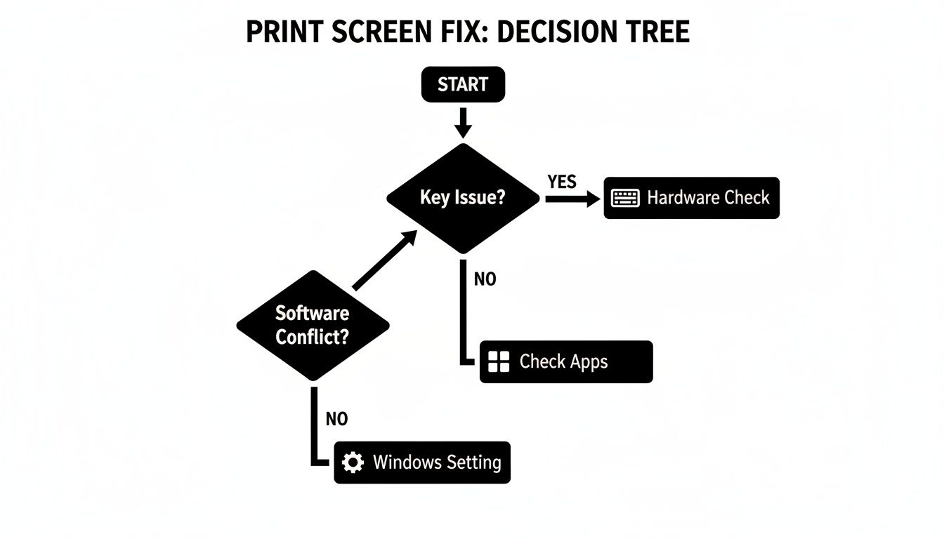 Um fluxograma intitulado 'Correção do Print Screen' guiando os usuários para solucionar uma tecla de print screen que não está funcionando.