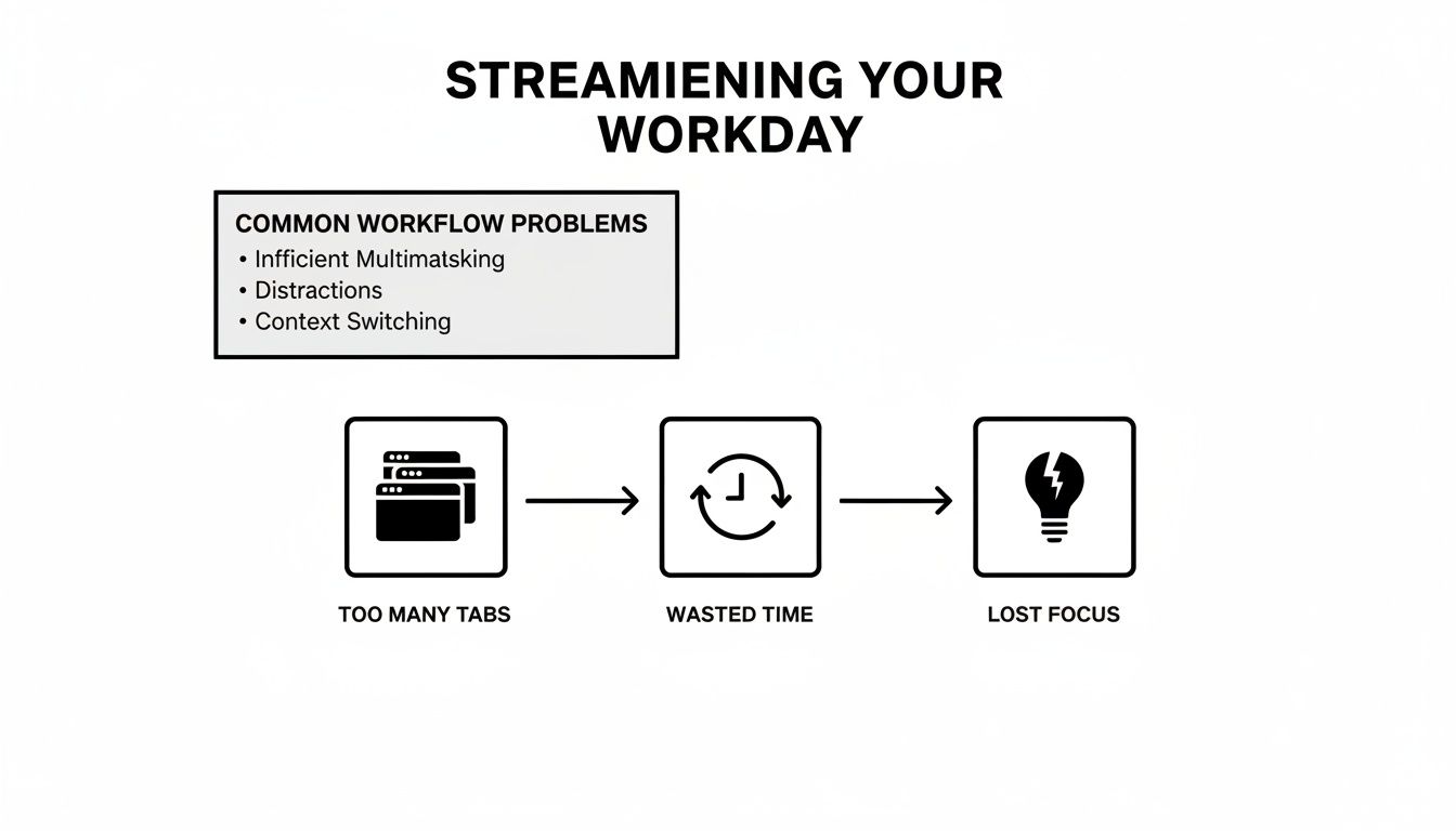 Workflow diagram illustrating common problems like too many tabs leading to wasted time and lost focus.