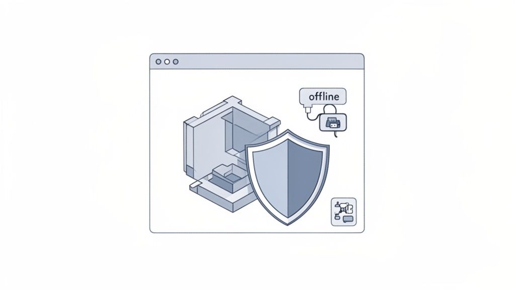 An isometric 3D model in a browser, protected by a shield, with an 'offline' device and a manufacturing icon.
