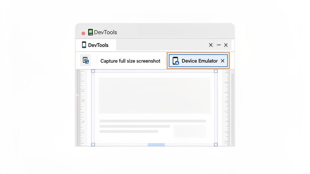 A DevTools window with the 'Device Emulator' button highlighted for responsive web design testing.