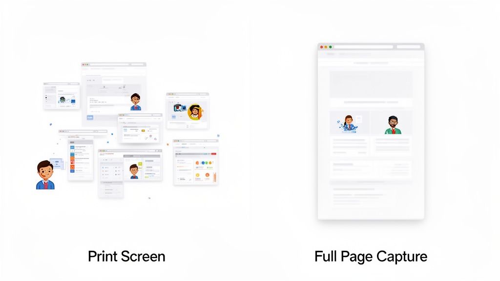 Comparison of a standard print screen with visible browser windows versus a full page capture of an entire scrollable webpage.