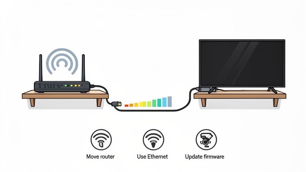 Illustration of a router connected to a TV, with suggestions to improve streaming speed.