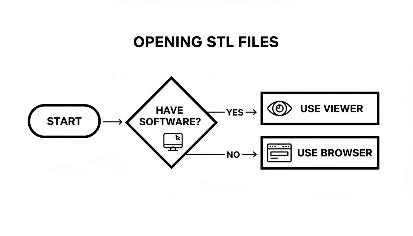 Flowchart illustrating the process of opening STL files, using a viewer if software is available or a browser.