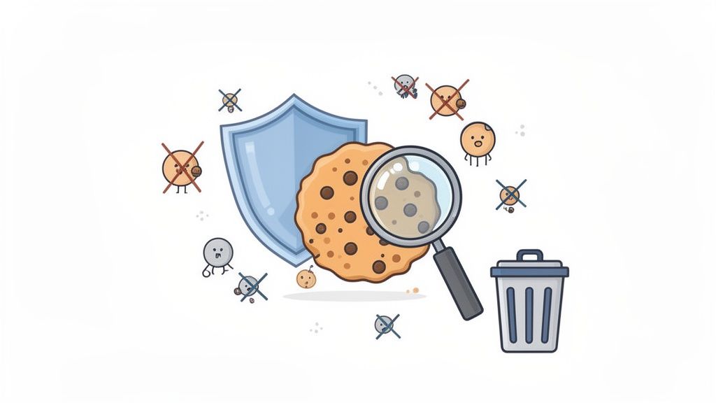 تصویر حریم خصوصی دیجیتال: سپر از یک کوکی در برابر کوکی‌های بد محافظت می‌کند؛ ذره‌بین و سطل زباله برای پاکسازی.