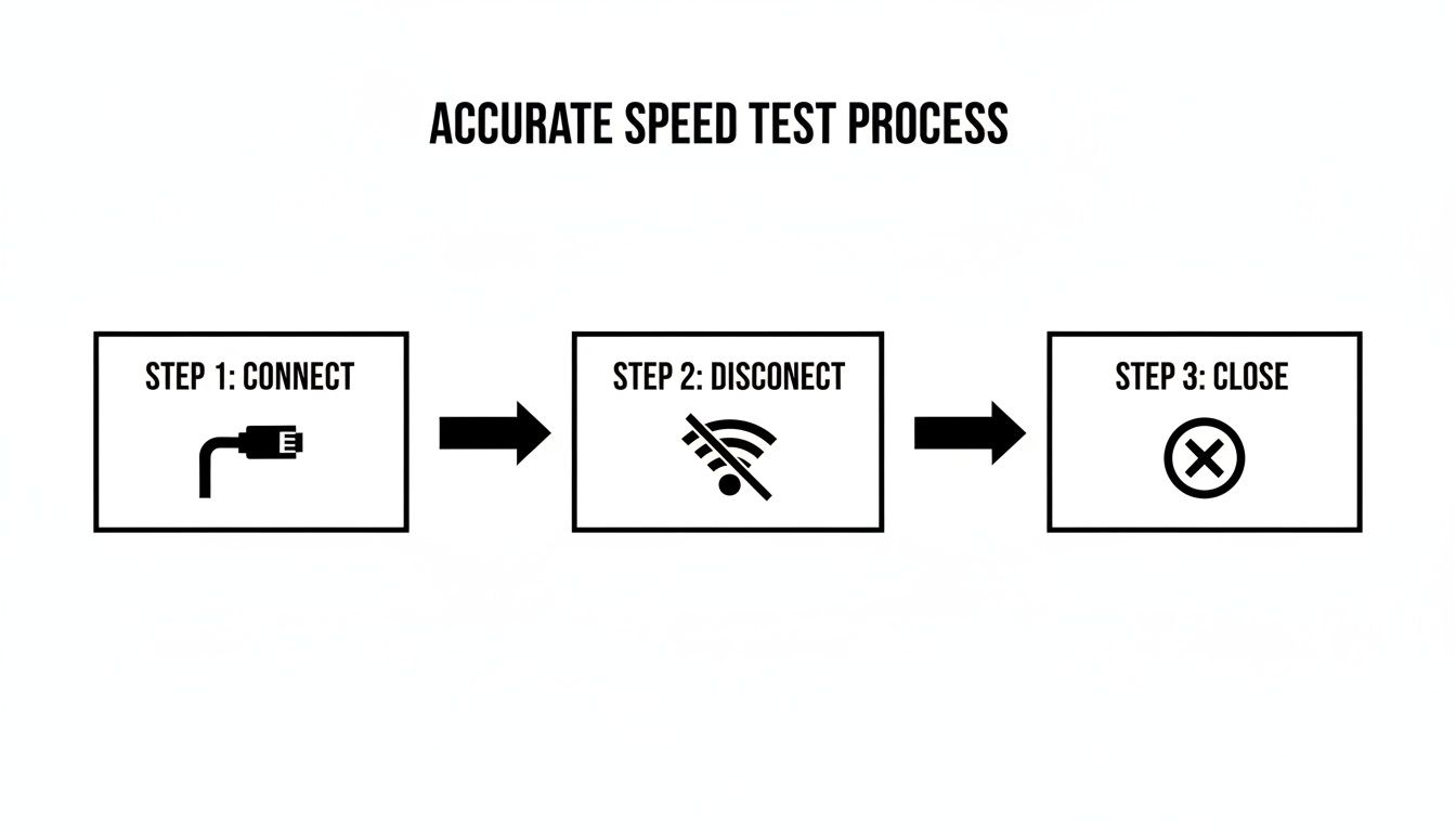 Uma infografia mostrando um processo de três etapas para um teste de velocidade de internet preciso com ícones.
