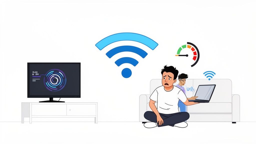 An illustration shows a man frustrated by slow internet, with a laptop, a low-speed gauge, and a buffering TV.