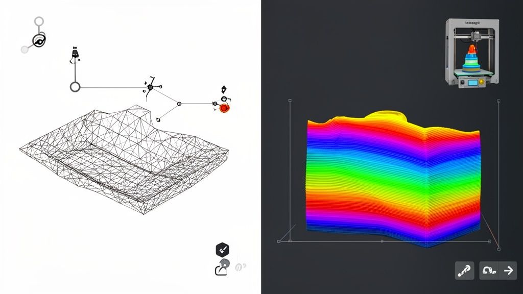 A split image showing a wireframe 3D model and a colorful 3D print preview on a dark background, with a 3D printer.