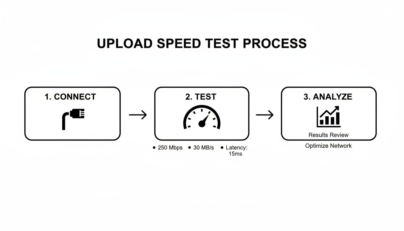 A flowchart illustrating the upload speed test process with steps: connect, test speed (250 Mbps), and analyze results.