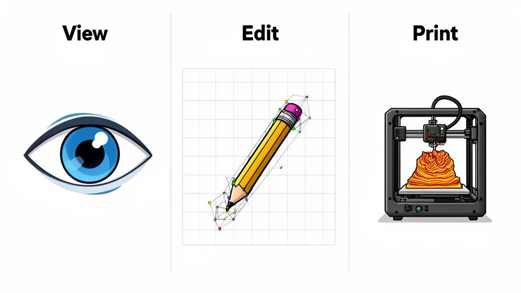 A visual guide illustrating a design process from viewing, editing a pencil vector, to 3D printing an object.
