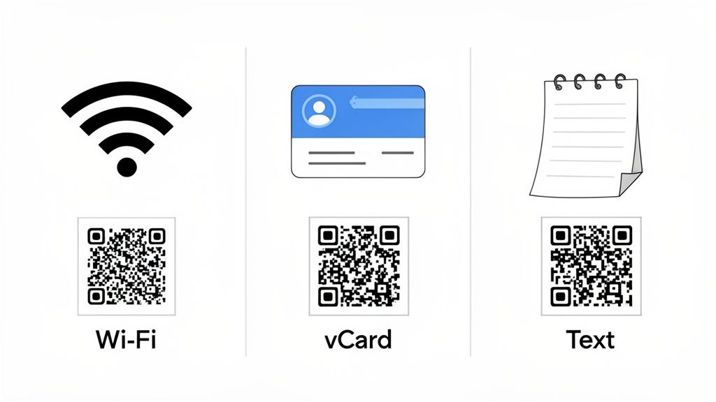 Three distinct QR codes with icons and labels for Wi-Fi, vCard (contact card), and plain text.