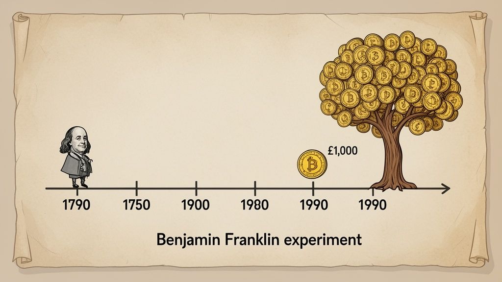 Cartoon timeline illustrating the Benjamin Franklin experiment, showing a single coin growing into a tree of coins.