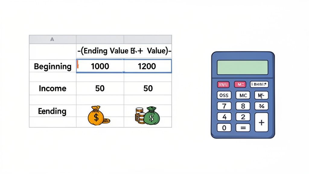 An illustration of a financial spreadsheet with values, money bags, and a blue calculator.