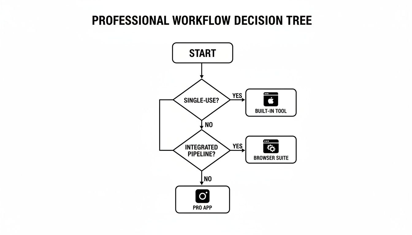 Diagrama de árvore de decisão para fluxo de trabalho profissional, orientando a escolha entre ferramenta embutida, suíte de navegador ou aplicativo profissional.