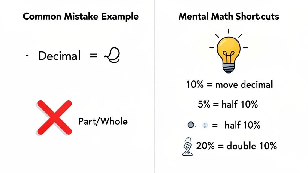Mental math shortcuts for calculating percentages (10%, 5%, 20%) are displayed next to common decimal mistakes.