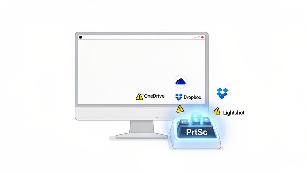 Um monitor de computador mostra ícones do OneDrive, Dropbox e Lightshot com sinais de alerta ao lado de uma tecla Print Screen iluminada.