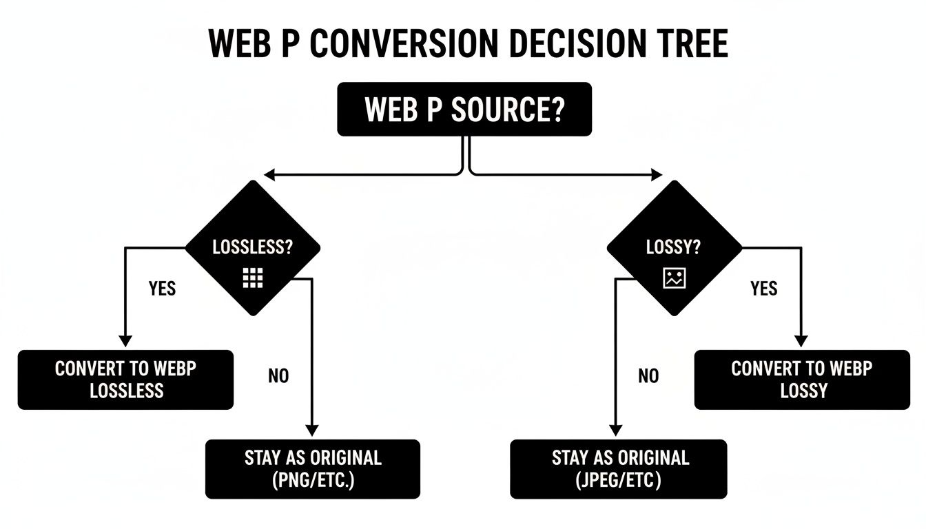 A WebP conversion decision tree flowchart for images, guiding users on whether to convert to lossless or lossy WebP.