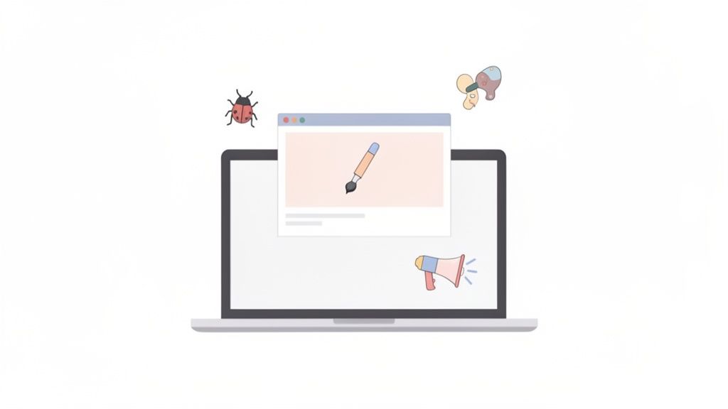 A laptop displaying a paintbrush icon in a browser window, surrounded by a ladybug, gears, and a megaphone.