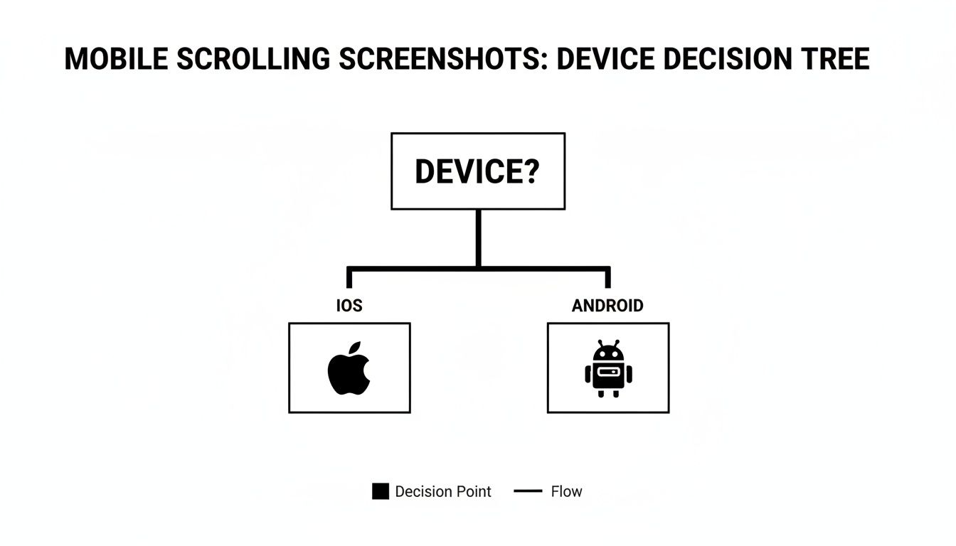 A decision tree flowchart for mobile scrolling screenshots, distinguishing between iOS and Android devices.