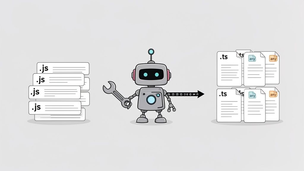 Um robô com uma chave inglesa converte arquivos JavaScript (.js) em arquivos TypeScript (.ts), ilustrando a migração de código.