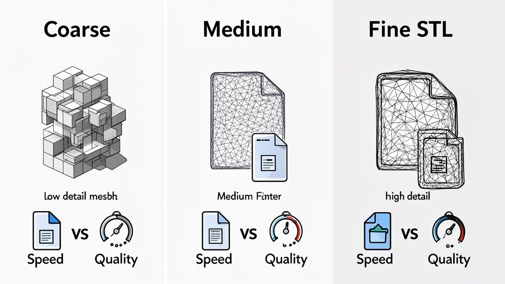 Infographic comparing coarse, medium, and fine STL 3D models with their associated speed and quality.