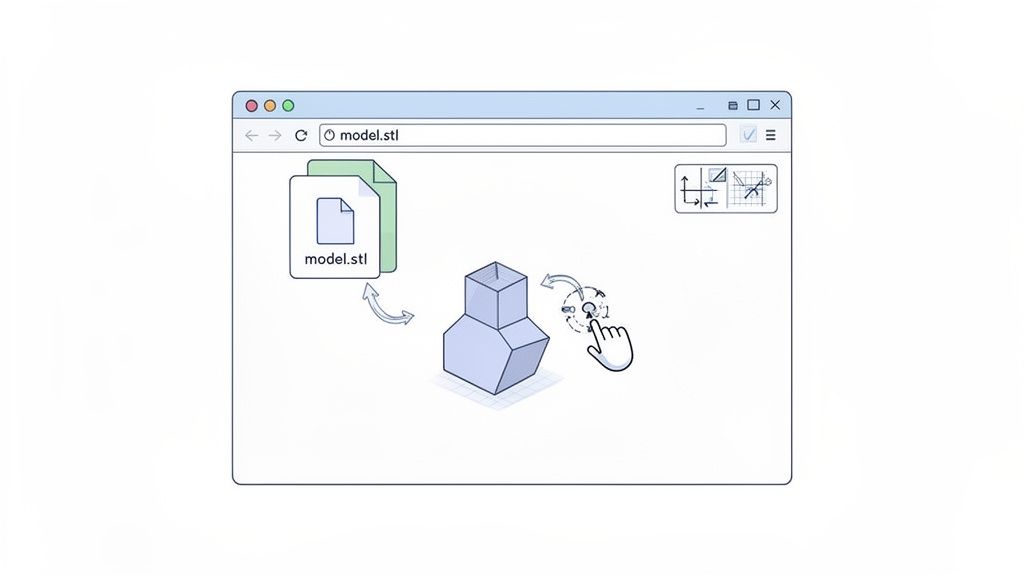 A web browser displaying an STL 3D model, being rotated by a hand cursor, with file icon.