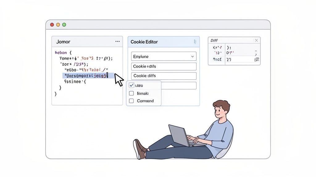Um desenvolvedor sentado no chão codificando em um laptop, com um editor de código e um editor de cookies abertos.