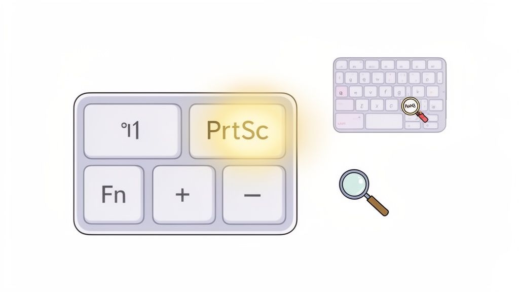 Uma tecla 'PrtSc' destacada em um teclado de computador, com lupas indicando sua localização.