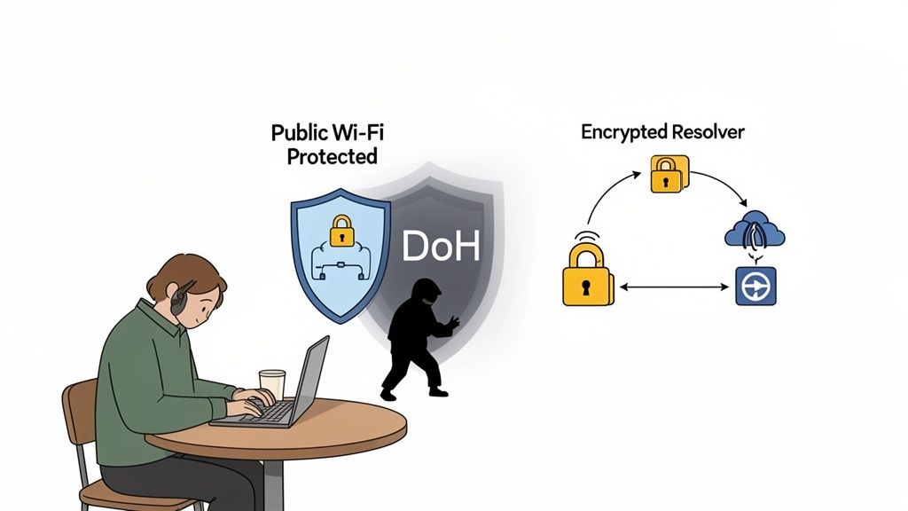 Ilustração mostra DNS sobre HTTPS protegendo um usuário de laptop em Wi-Fi público de um atacante através de um resolvedor criptografado.