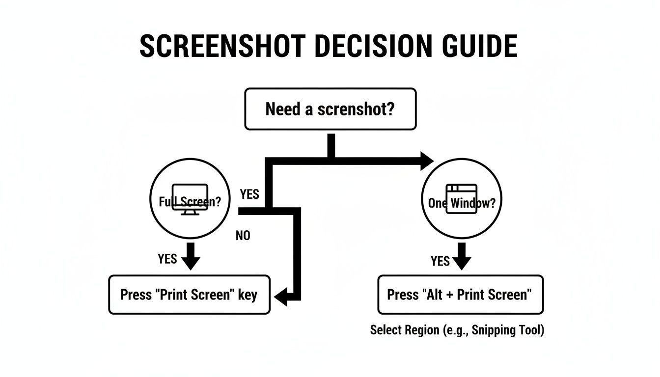 Fluxograma orientando os usuários sobre como tirar capturas de tela no Windows para tela cheia, janela única ou região específica.