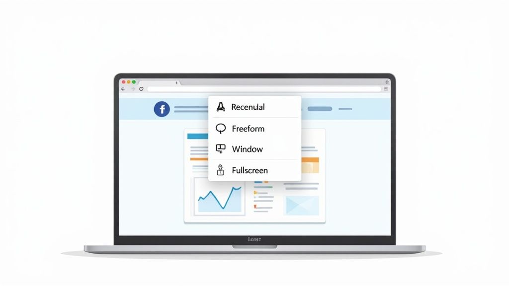 Um laptop exibe um navegador da web com um menu de captura de tela oferecendo opções de forma livre, janela e tela cheia.