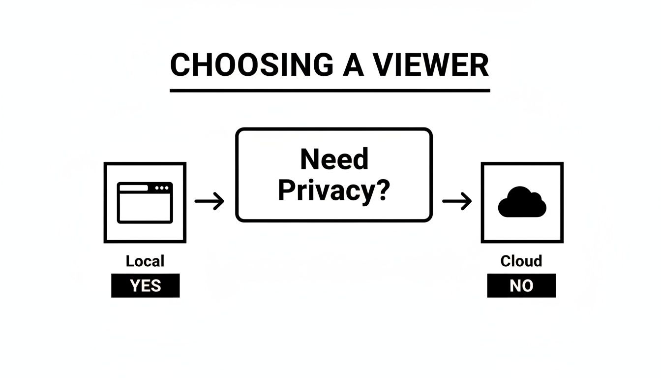 Flowchart for choosing a file viewer, indicating 'Local' for 'YES' to privacy and 'Cloud' for 'NO'.