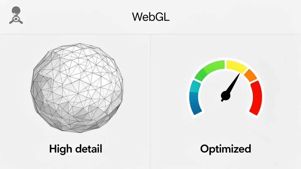 WebGL interface displaying a high detail 3D wireframe sphere and a performance gauge indicating optimized settings.