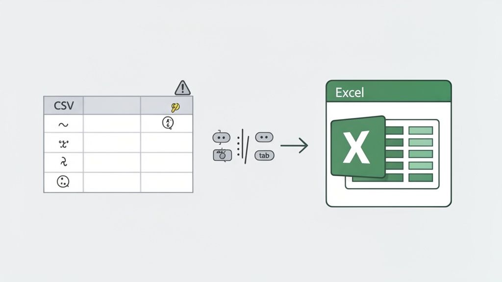 Diagram showing the conversion process of a CSV file to an Excel spreadsheet, highlighting various delimiter options.