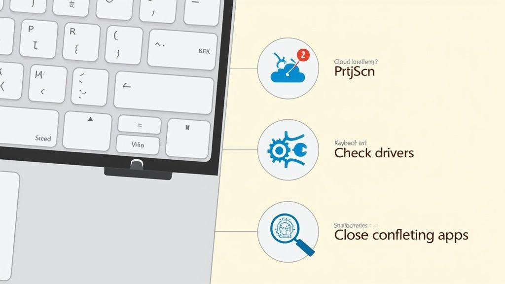 Teclado de laptop com três ícones ilustrando dicas de resolução de problemas para questões de nuvem, drivers e aplicativos conflitantes.