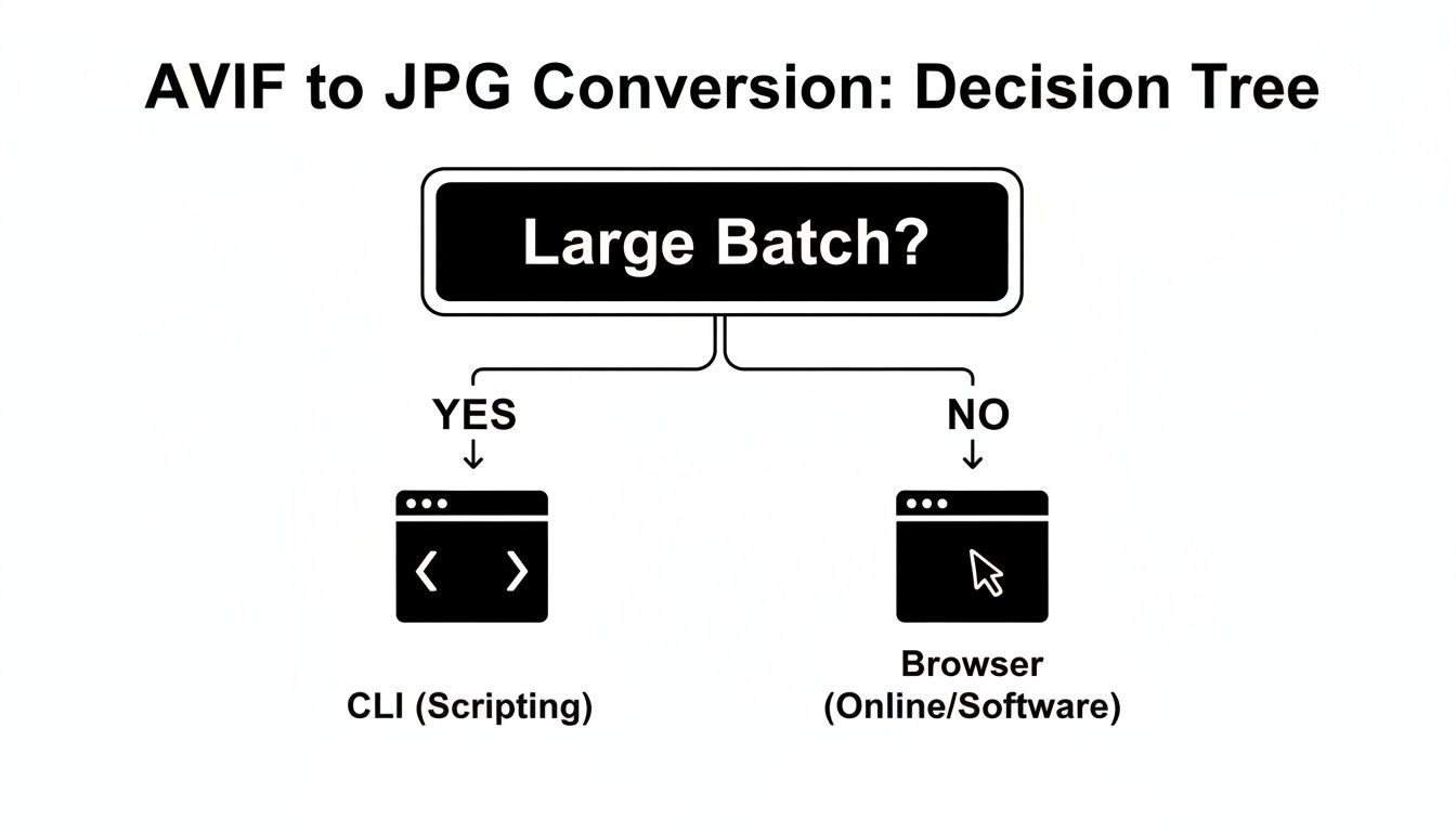 Decision tree for AVIF to JPG conversion, suggesting CLI for large batches and browser for small.