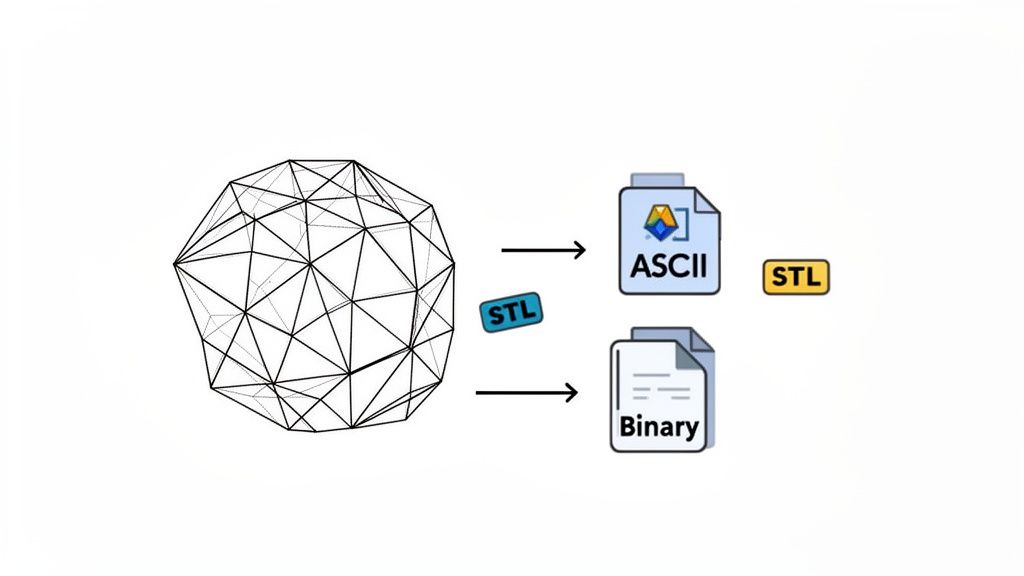 Diagram showing a 3D wireframe model converting into ASCII STL and Binary STL file formats.