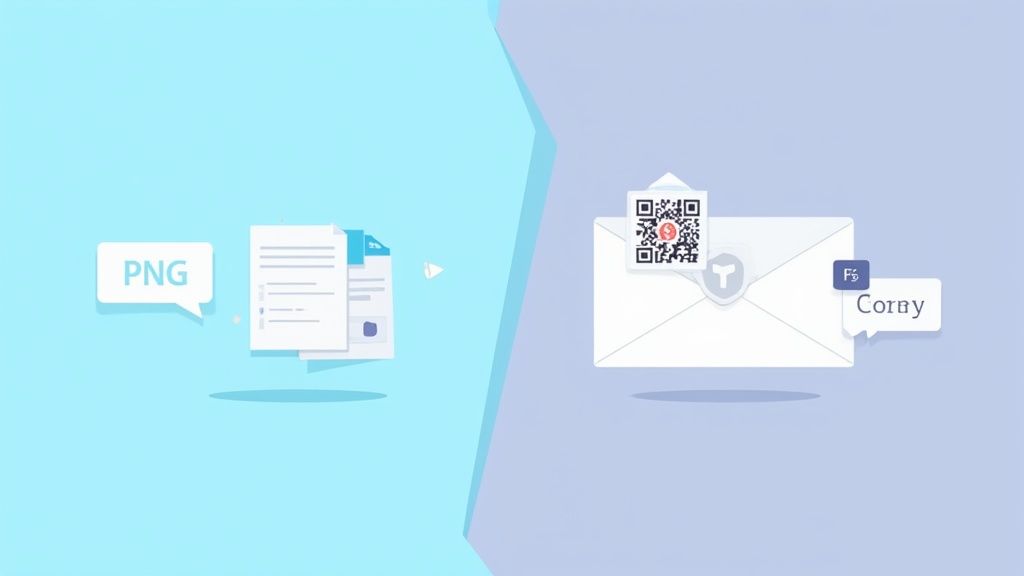 Illustration of a PNG file being converted into a QR code and shared via email.