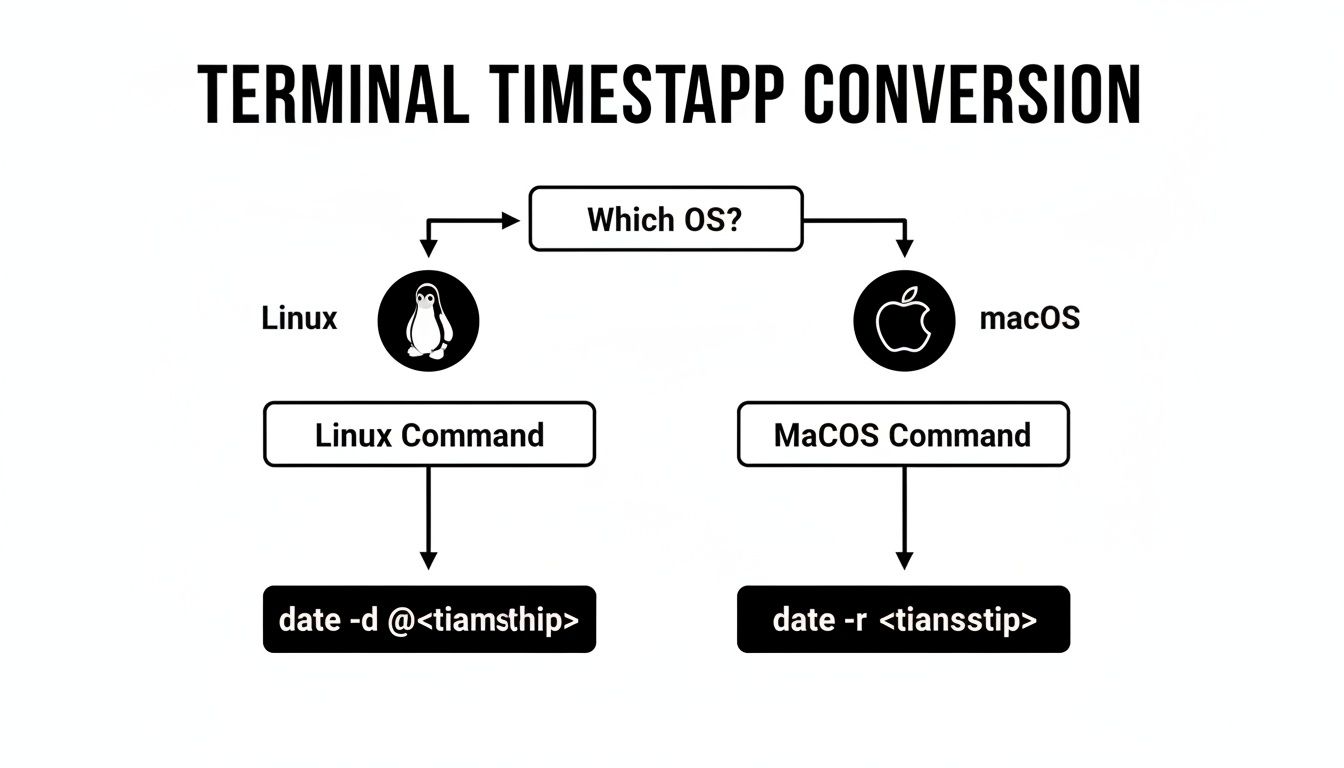 Um fluxograma ilustrando comandos de terminal para converter timestamps nos sistemas operacionais Linux e macOS.